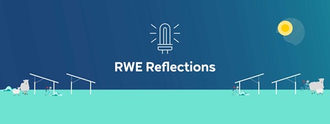 A colourful graphic featuring the text 'RWE Reflections', sheep, and solar panels under a sunny sky.