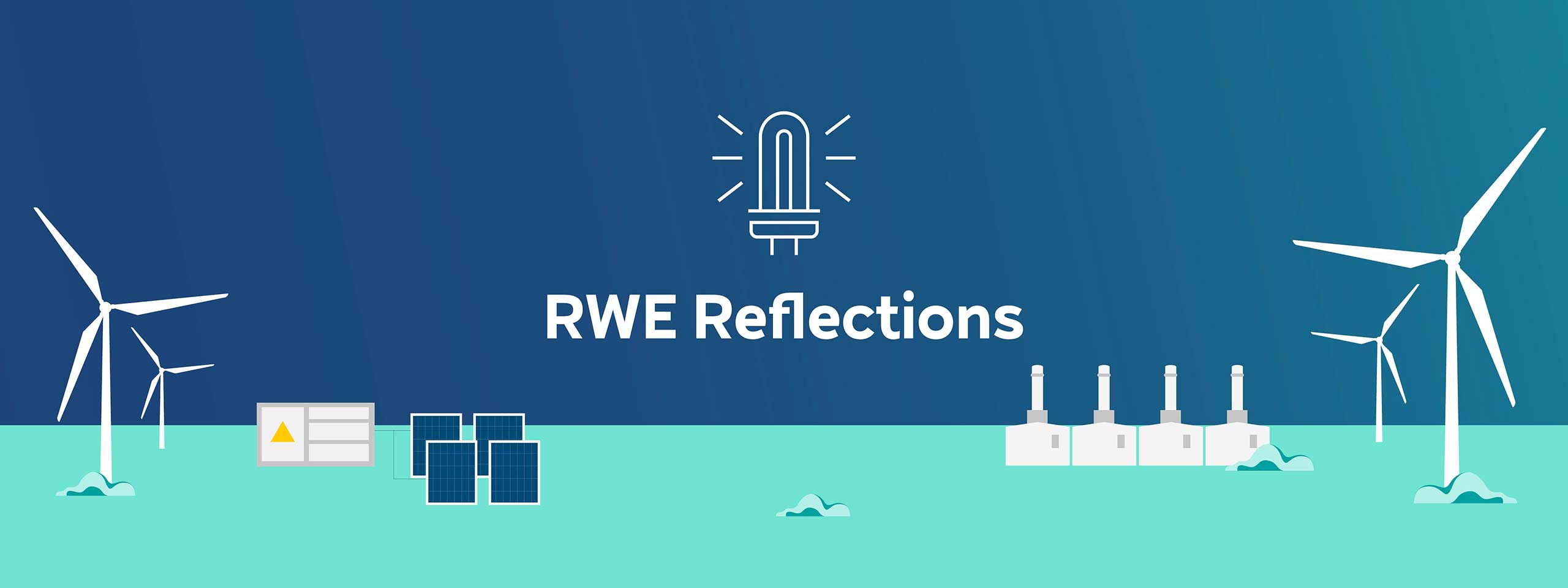 A graphic depicting wind turbines and solar panels with the text 'RWE Reflections' in the centre, signifying renewable energy.
