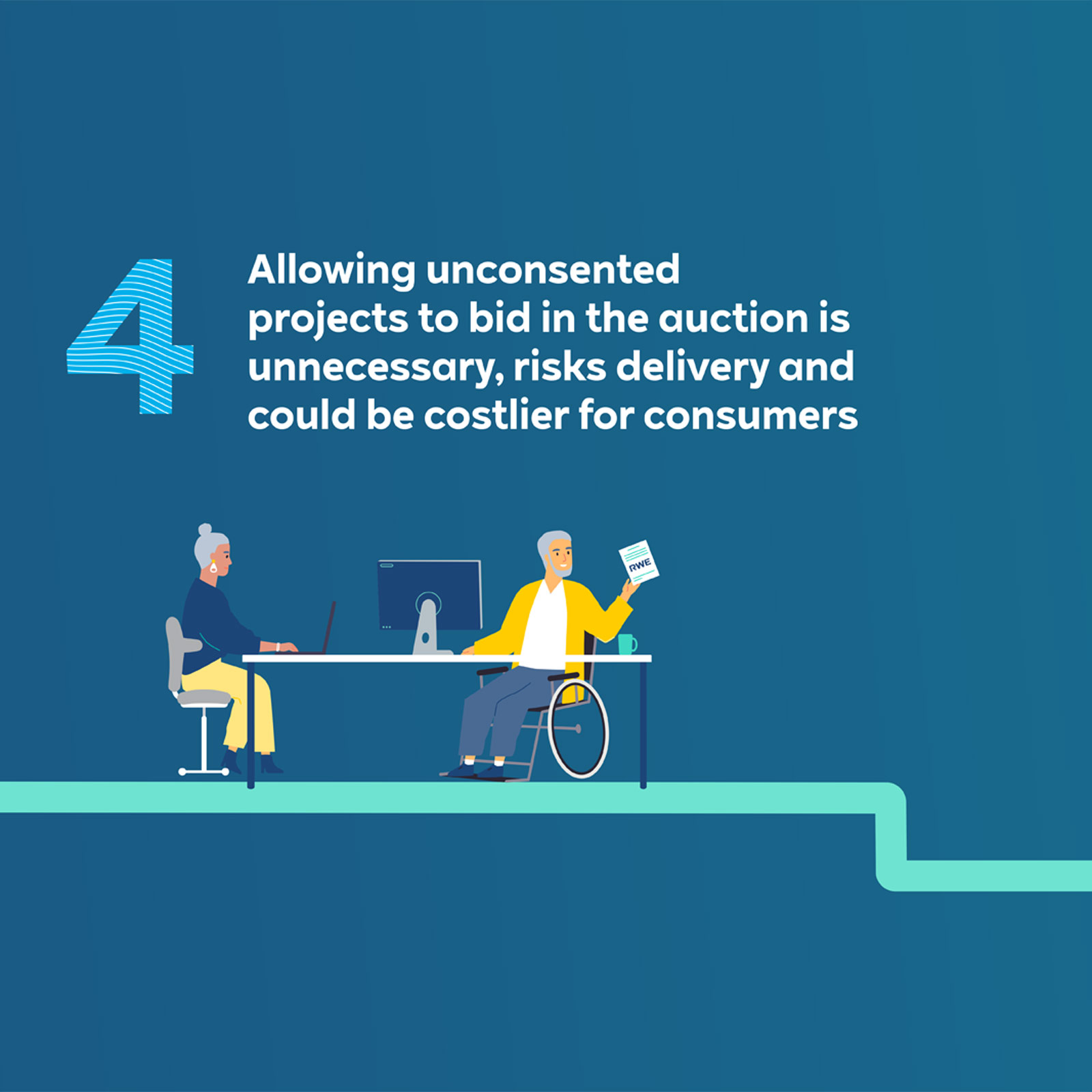 A seated person in a wheelchair discusses project bids with an elderly individual at a desk with a computer.