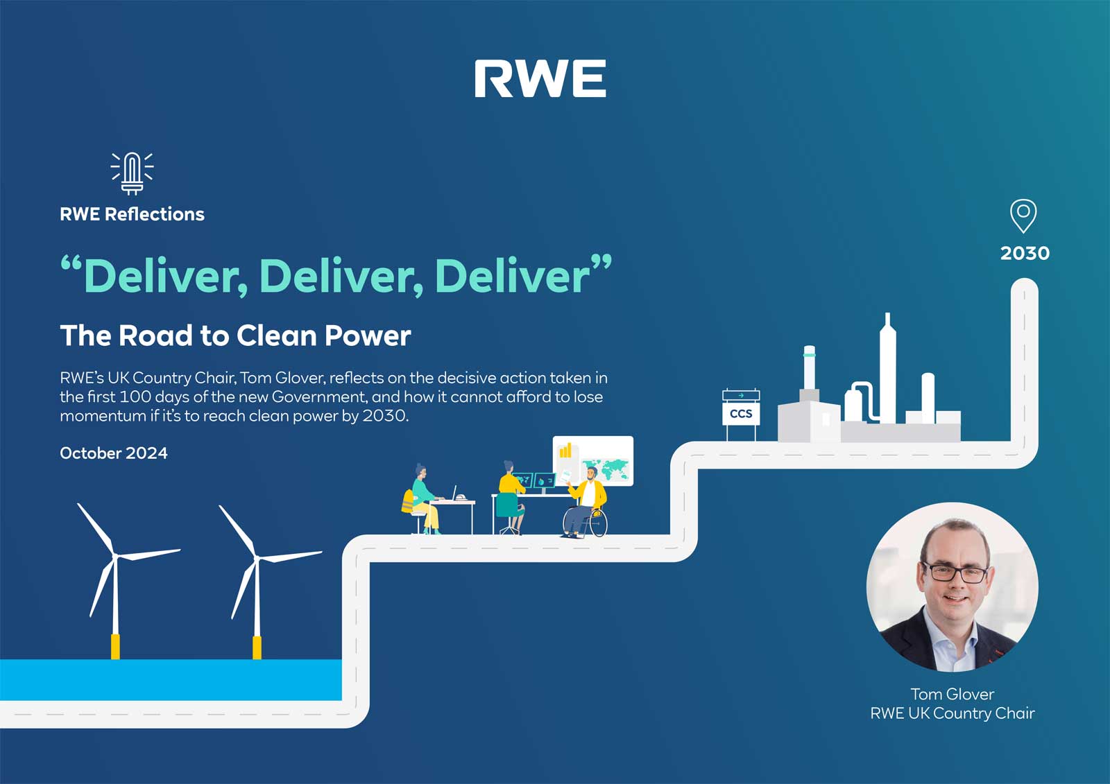 An infographic titled 'Deliver, Deliver, Deliver' discussing the road to clean power, featuring wind turbines and a roadmap to 2030.