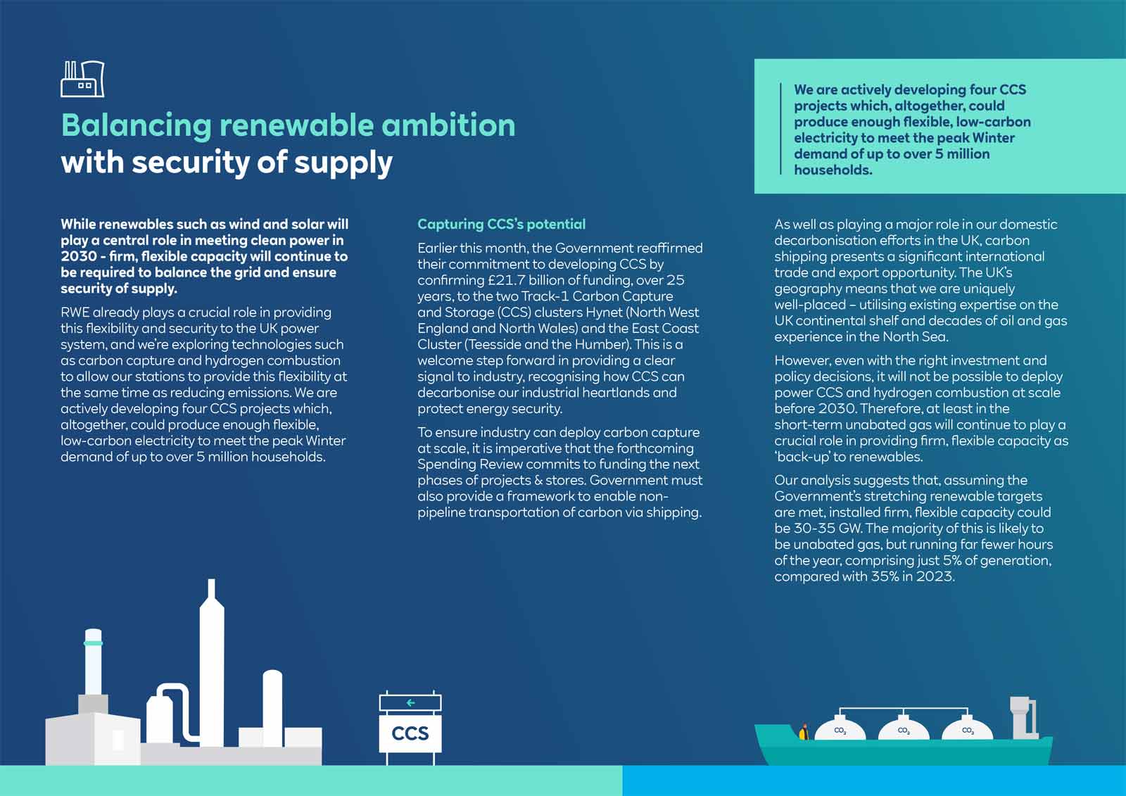 An infographic discussing renewable energy's role in balancing grid security with images of power plants and carbon capture technology.