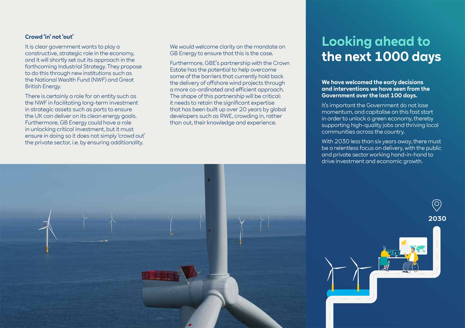 Offshore wind turbines in the sea, highlighting renewable energy efforts in the UK, with a graphic on future planning.
