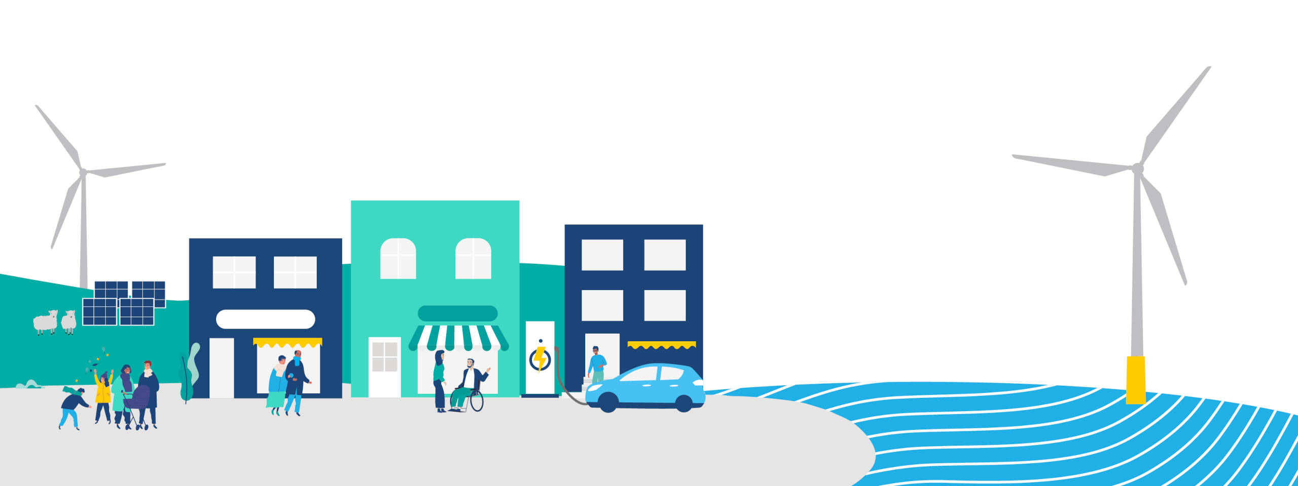 A vibrant community scene by the water featuring shops, families, solar panels, and wind turbines.