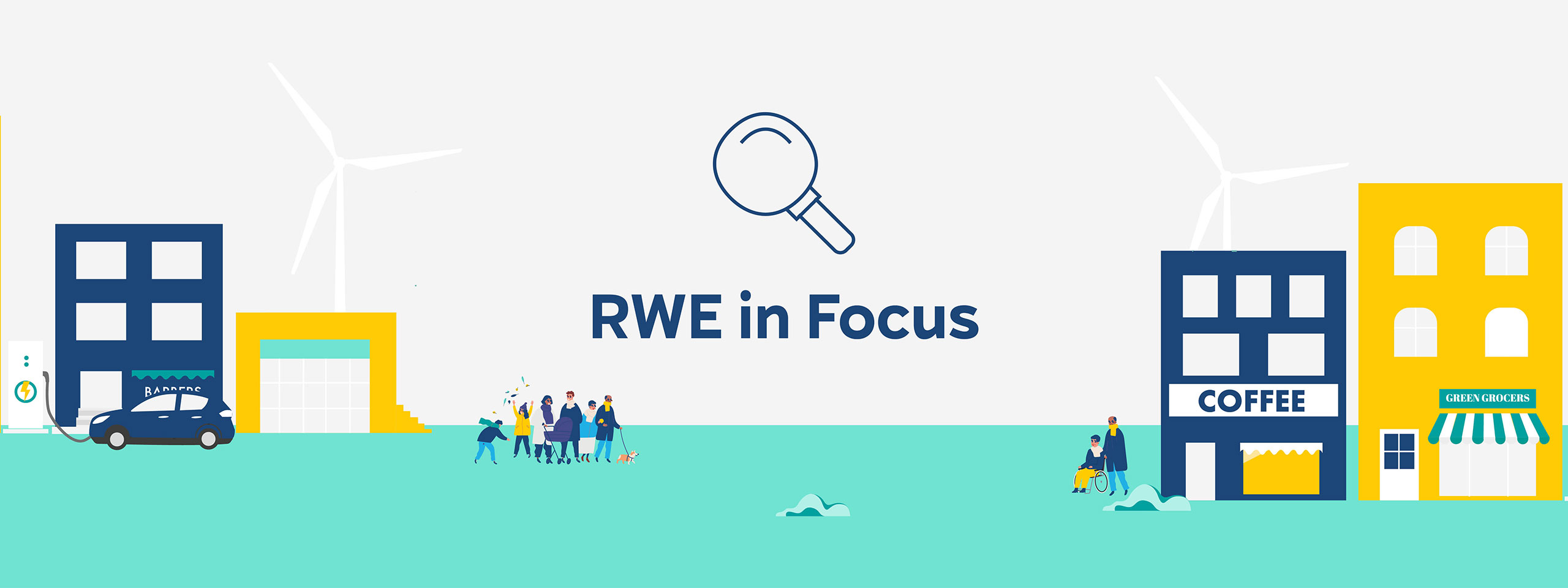 A vibrant urban scene featuring buildings like a barbershop, coffee shop, and green grocers, with wind turbines and people enjoying the area.