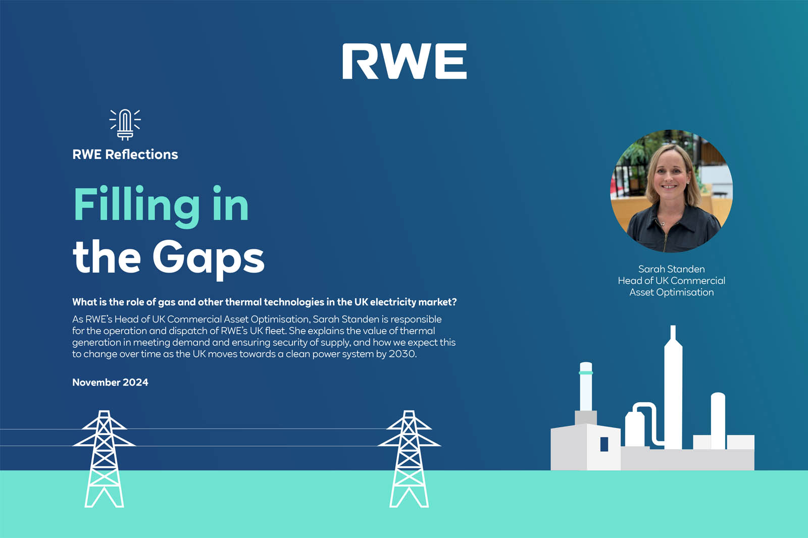 A professional graphic featuring the title 'Filling in the Gaps' with a blue background, RWE branding, and an illustration of industrial structures.