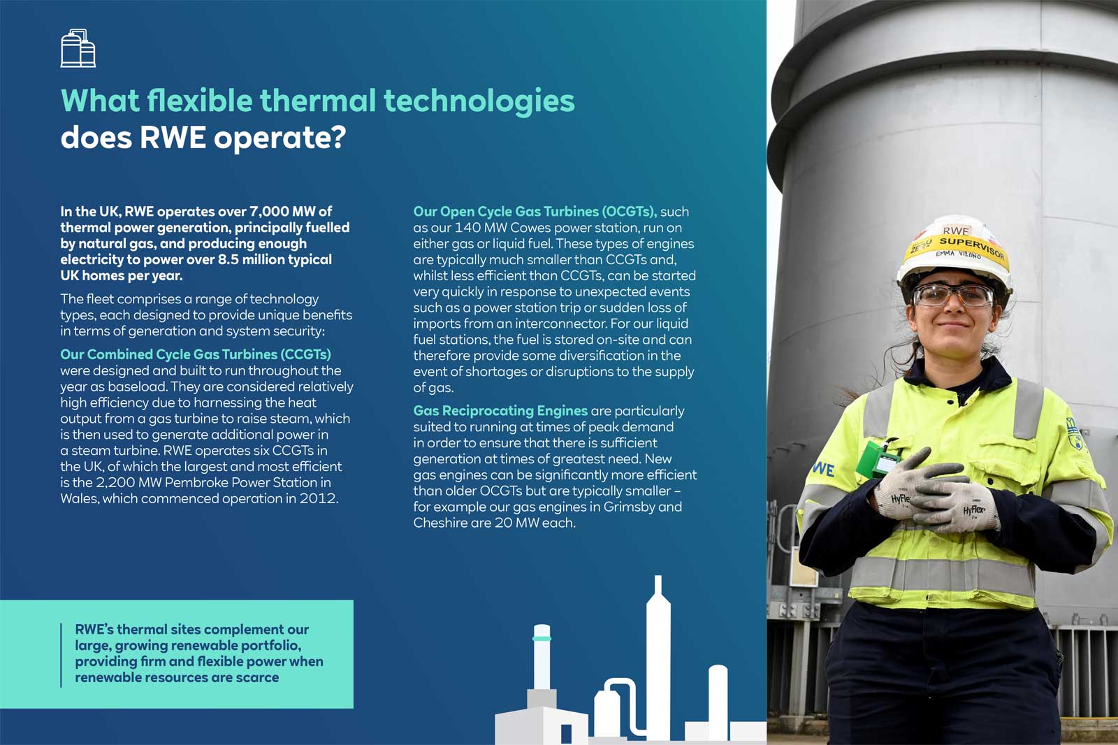 A worker in a yellow safety jacket at a power station, discussing flexible thermal technologies operated by RWE.