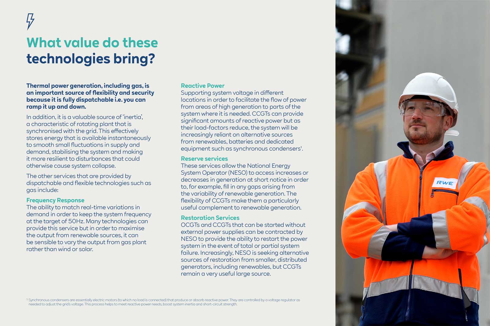 An engineer in an orange and navy work uniform stands with arms crossed, discussing thermal power generation technologies.