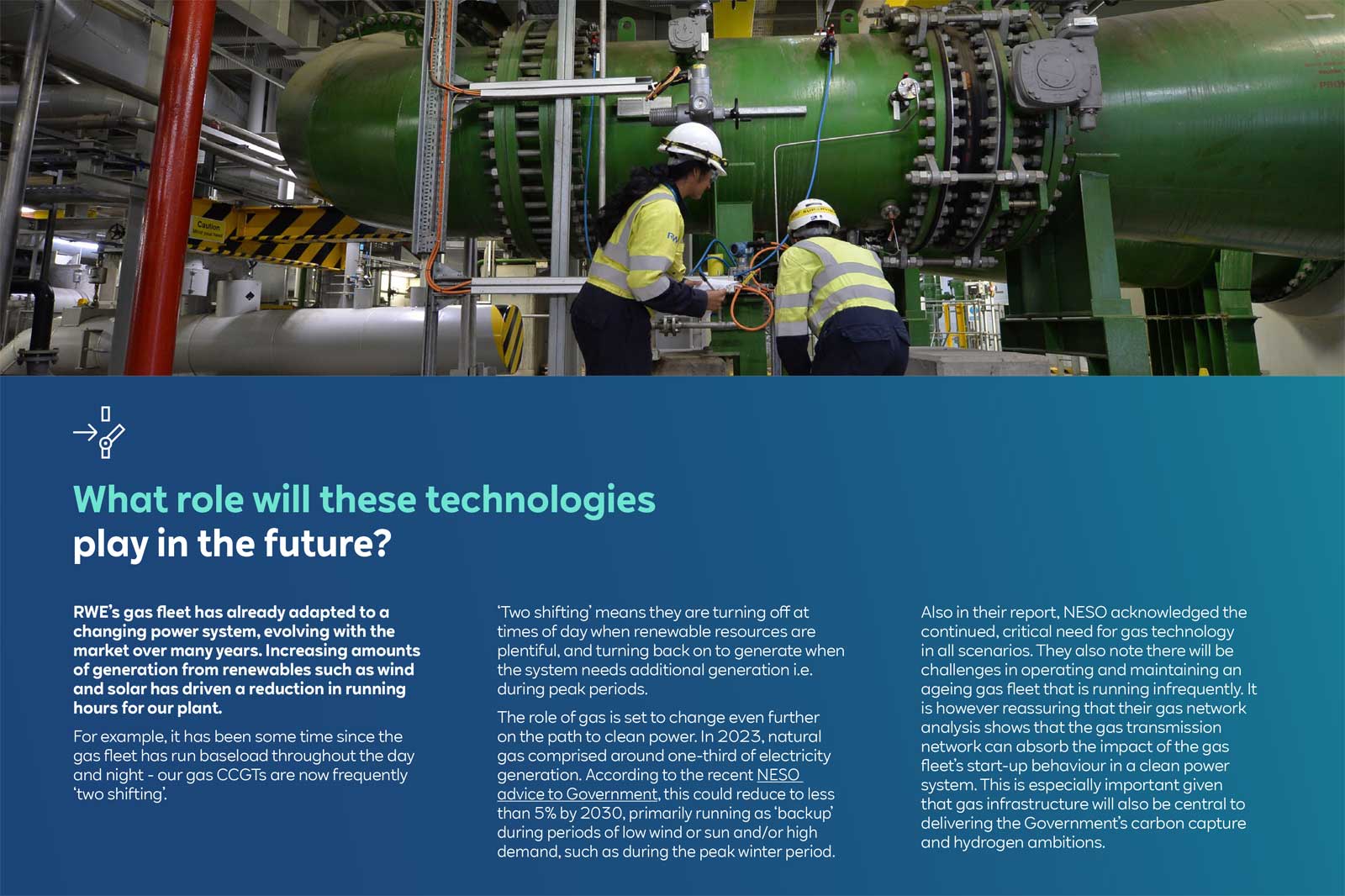 An industrial facility featuring large green pipes and workers in hard hats, discussing future energy technologies.