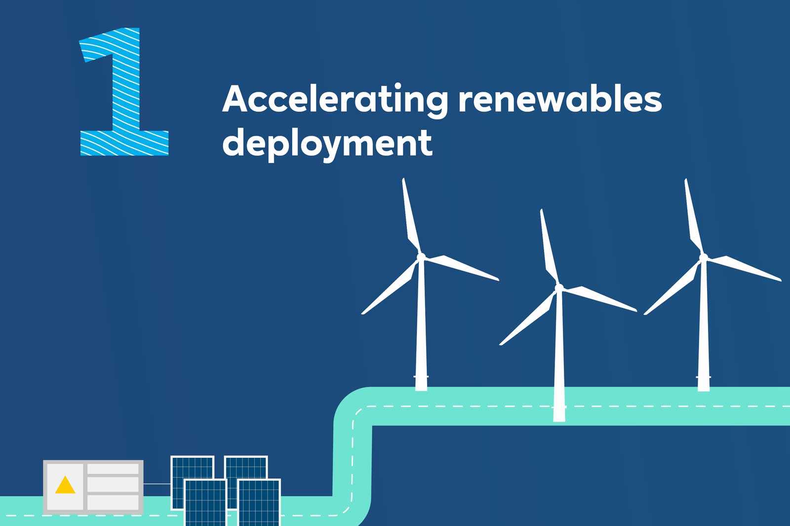 A blue background displaying wind turbines and solar panels, highlighting the theme of renewable energy deployment.