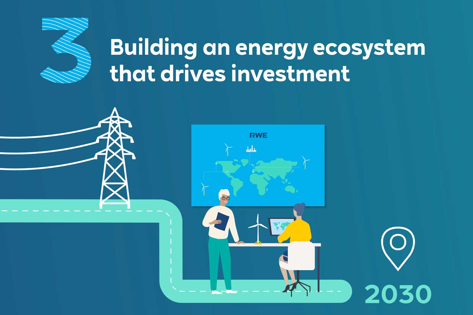 A woman works at a computer while a man holds a folder. The background features a map and energy symbols, illustrating investment in energy.