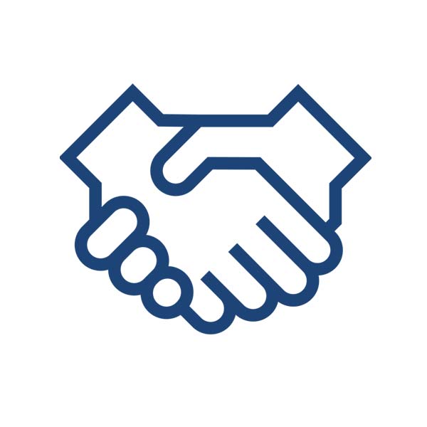 A simple graphic illustration of two hands shaking, symbolising agreement or partnership.