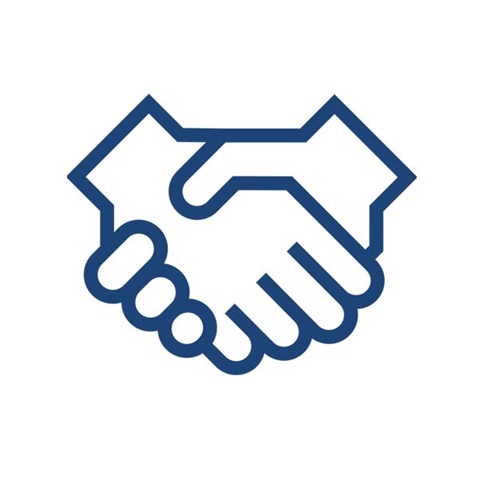 A simple graphic illustration of two hands shaking, symbolising agreement or partnership.