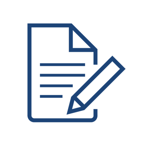 Navy graphic shows a piece of paper with pencil at bottom symbolising writing