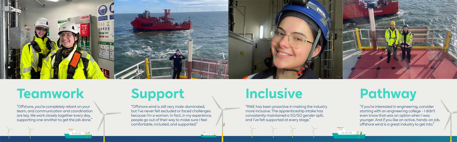 A collage of offshore workers in safety gear, a supply vessel, and scenes showcasing teamwork and inclusivity.