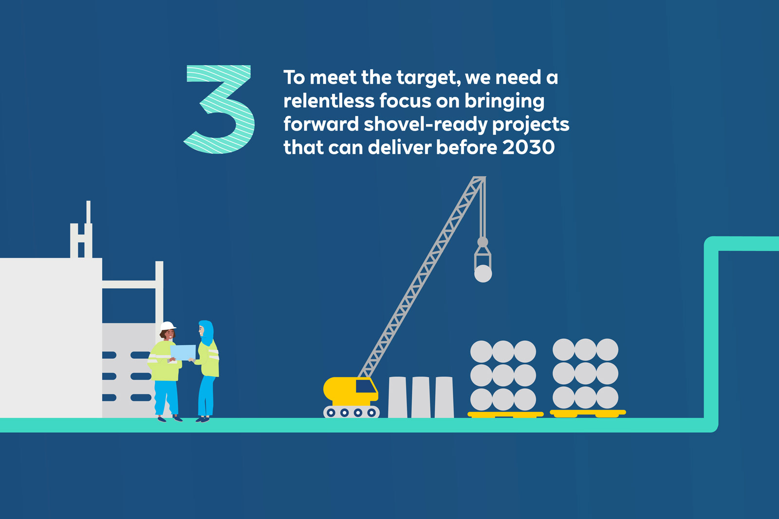 A construction site with two workers discussing a project, a crane on the right, and stacked barrels in the background.