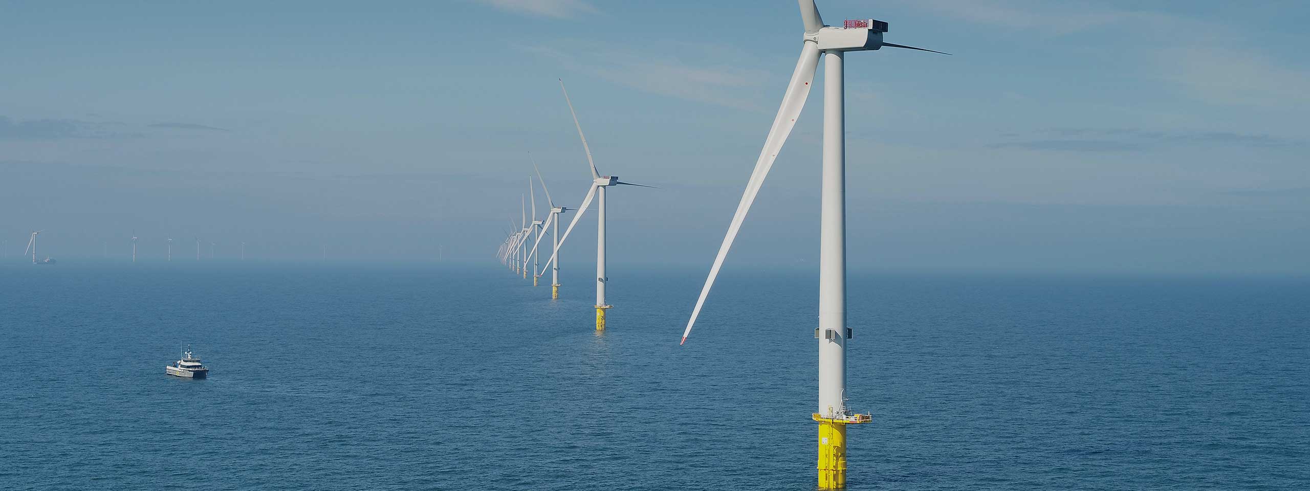A fleet of offshore wind turbines stands in the ocean, with a boat near the turbines under a clear blue sky.