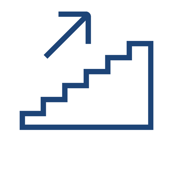 Navy blue graphic shows steps ascending from bottom left to top right with an arrow diagonally ascending from bottom left to top right above the steps