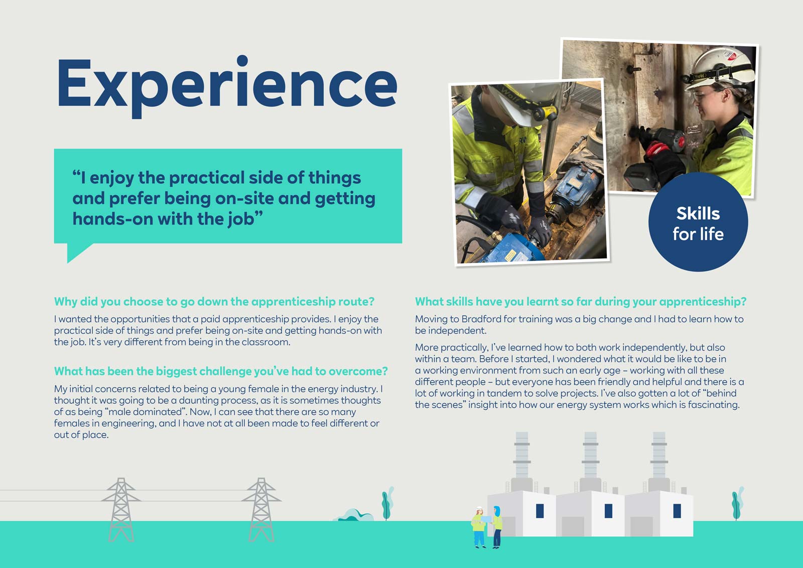 A collage showing two apprentices working on machinery in an industrial setting, with power lines and energy facilities in the background.