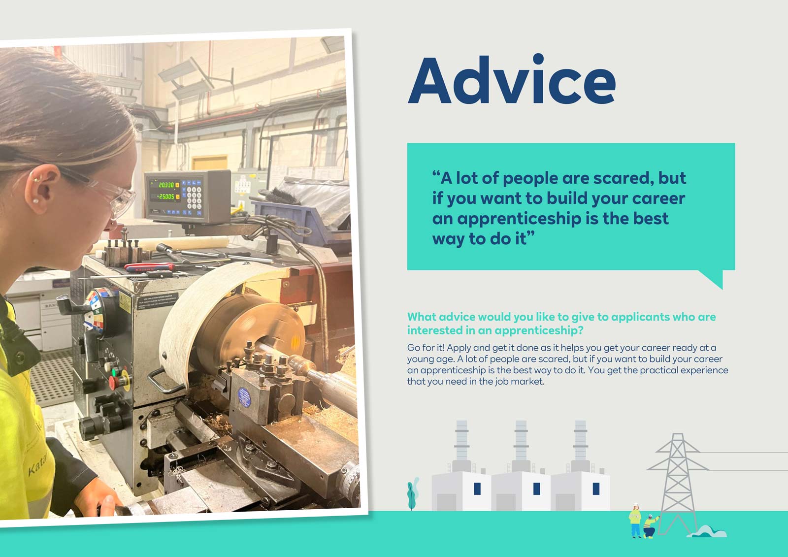 A worker operates a lathe machine in an industrial environment, with digital gauges in the background, showcasing apprenticeship advice.