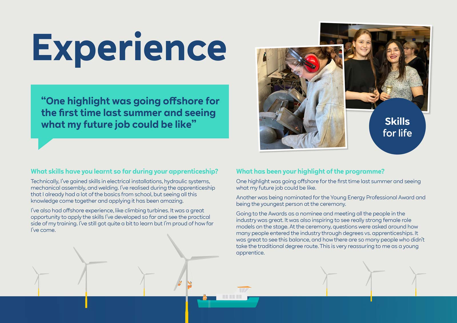 A young person sharing their apprenticeship experience with wind turbines in the background, reflecting on skills learned and future prospects.