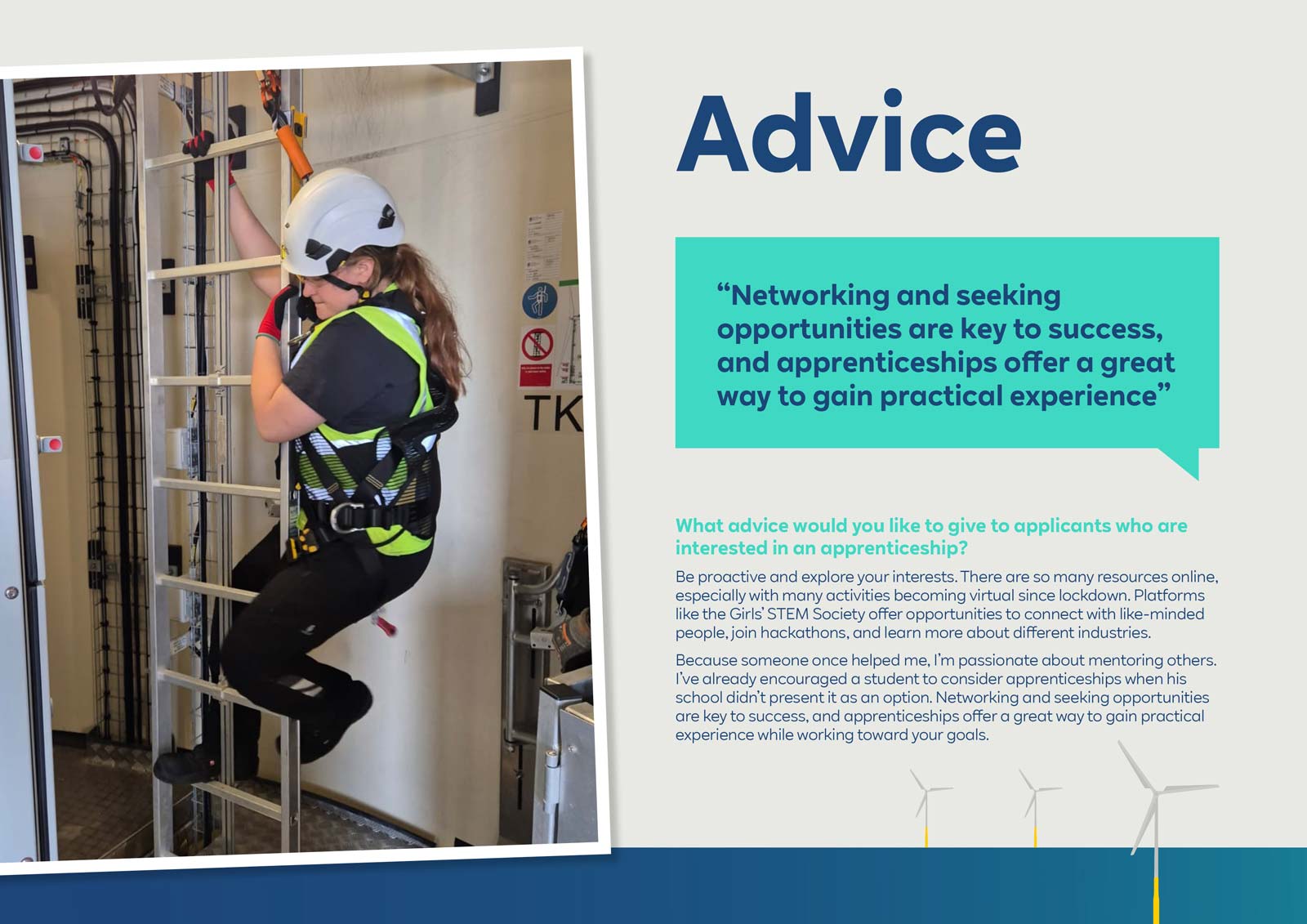 A person in a safety harness climbs a ladder inside a training facility, promoting apprenticeship opportunities.
