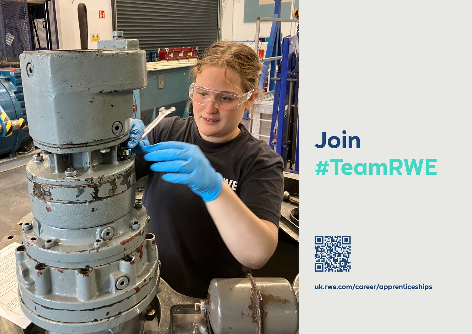 A person wearing gloves works on a grey mechanical part in a workshop, promoting RWE apprenticeships.
