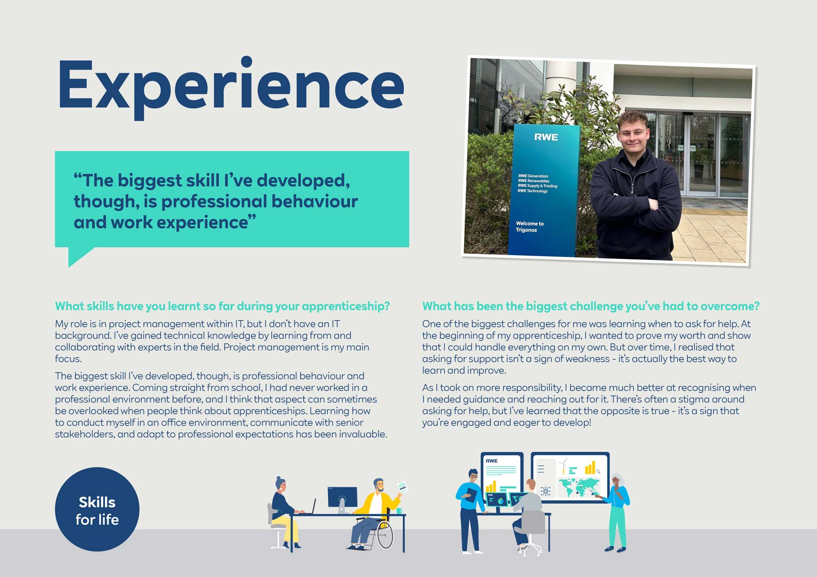 A young adult stands beside a blue RWE sign outside a modern building, sharing insights on skills learned during an apprenticeship.