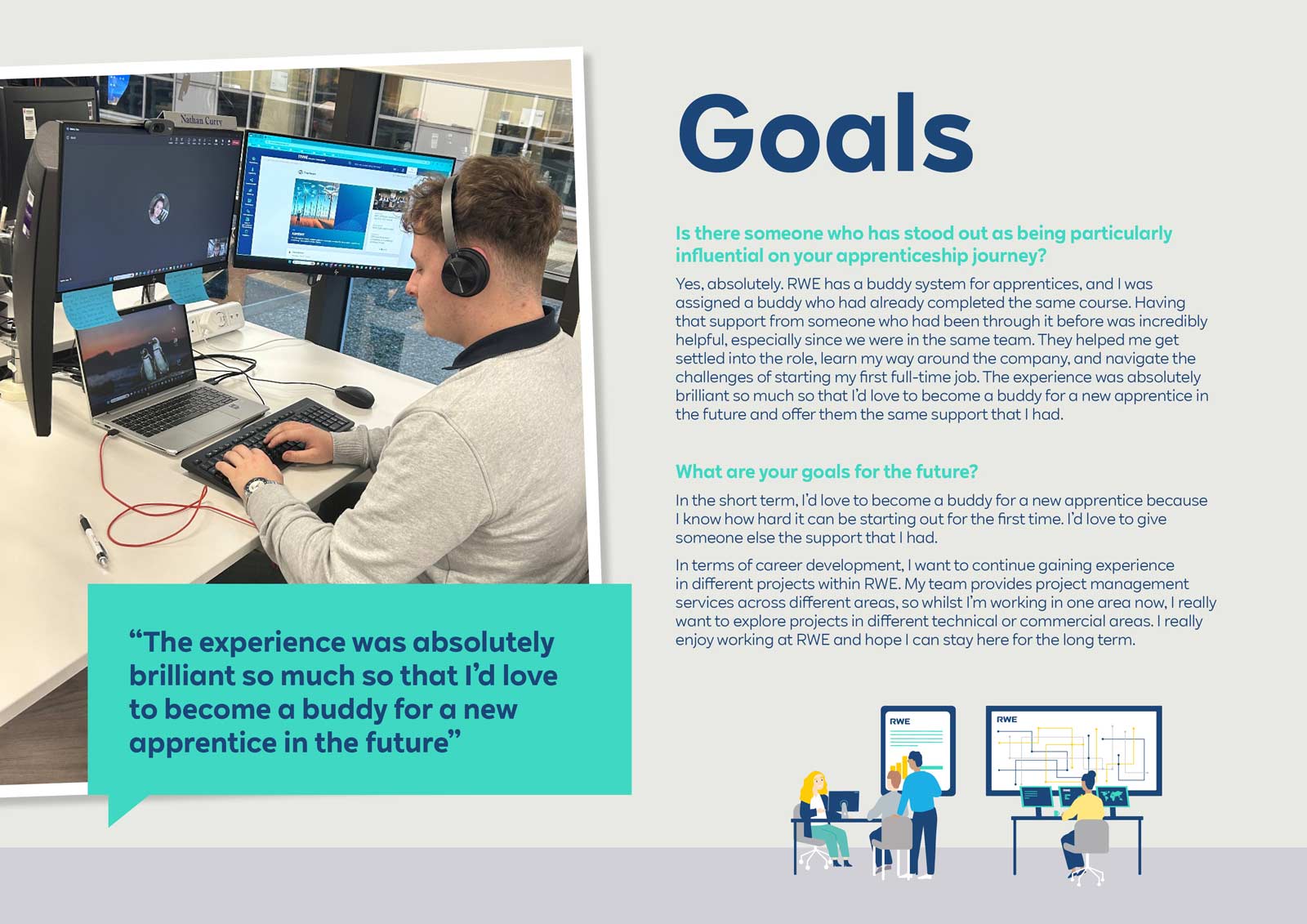 A person working at a desk with two monitors, using a laptop and headphones, surrounded by a modern office environment.