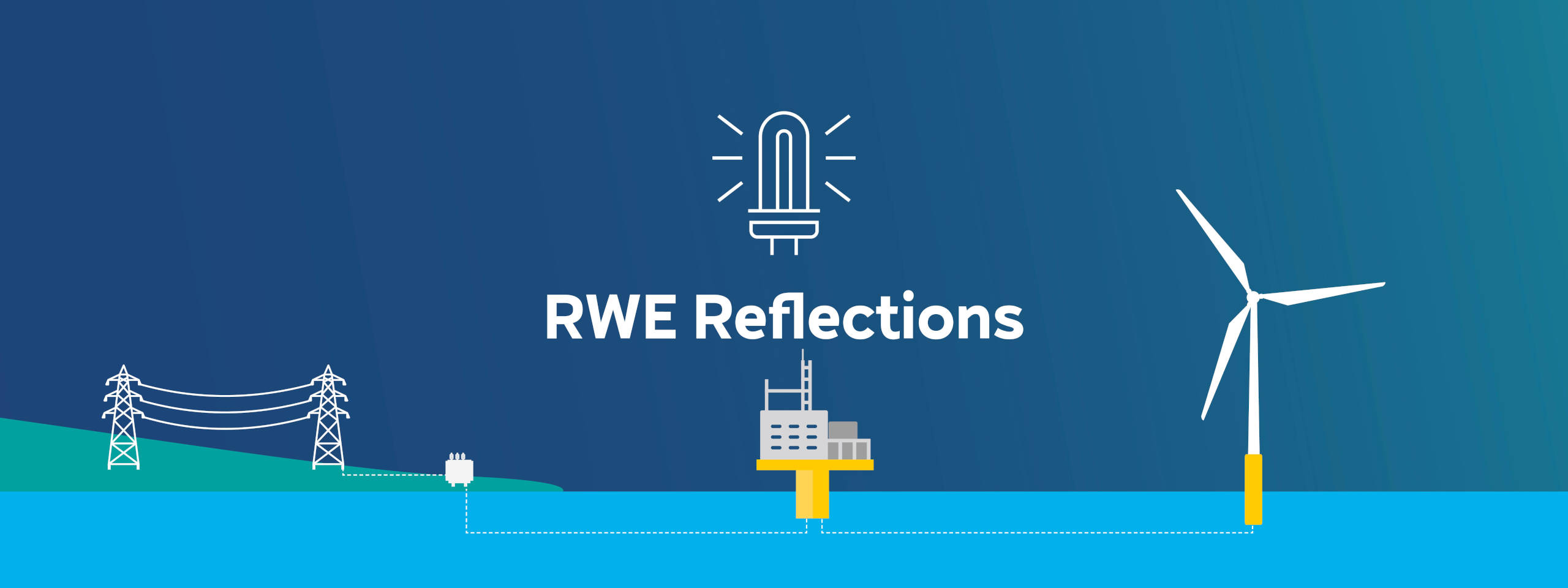 A digital illustration of offshore wind turbines, power lines, and the text 'RWE Reflections' against a blue background.