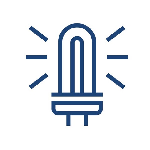 A blue light bulb icon with rays emanating from its base, symbolising illumination and energy.