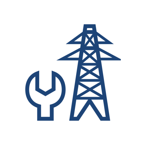 An illustration featuring a wrench alongside a power transmission tower, symbolising tools and energy infrastructure.