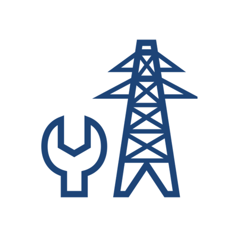 An illustration featuring a wrench alongside a power transmission tower, symbolising tools and energy infrastructure.