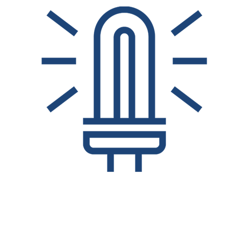 Navy graphic shows a lightbulb with small lines around the outside to symbolise it being on