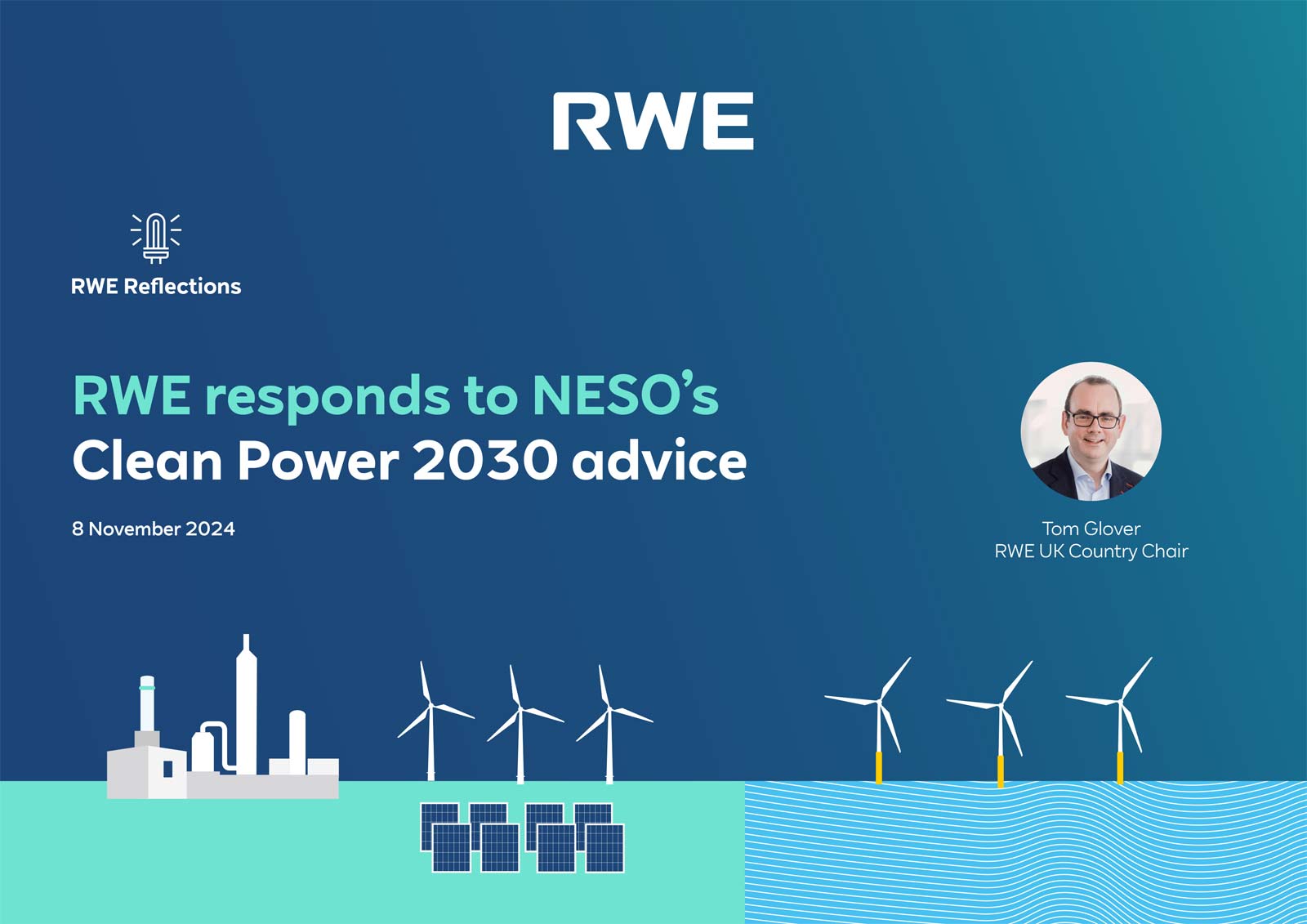 Graphic featuring RWE's response to NESO's Clean Power 2030 advice, with wind turbines and solar panels depicted.