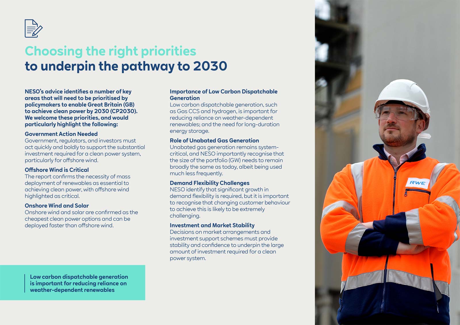 An industrial worker in an orange jacket and hard hat stands in a facility, with a document on clean energy strategy alongside.