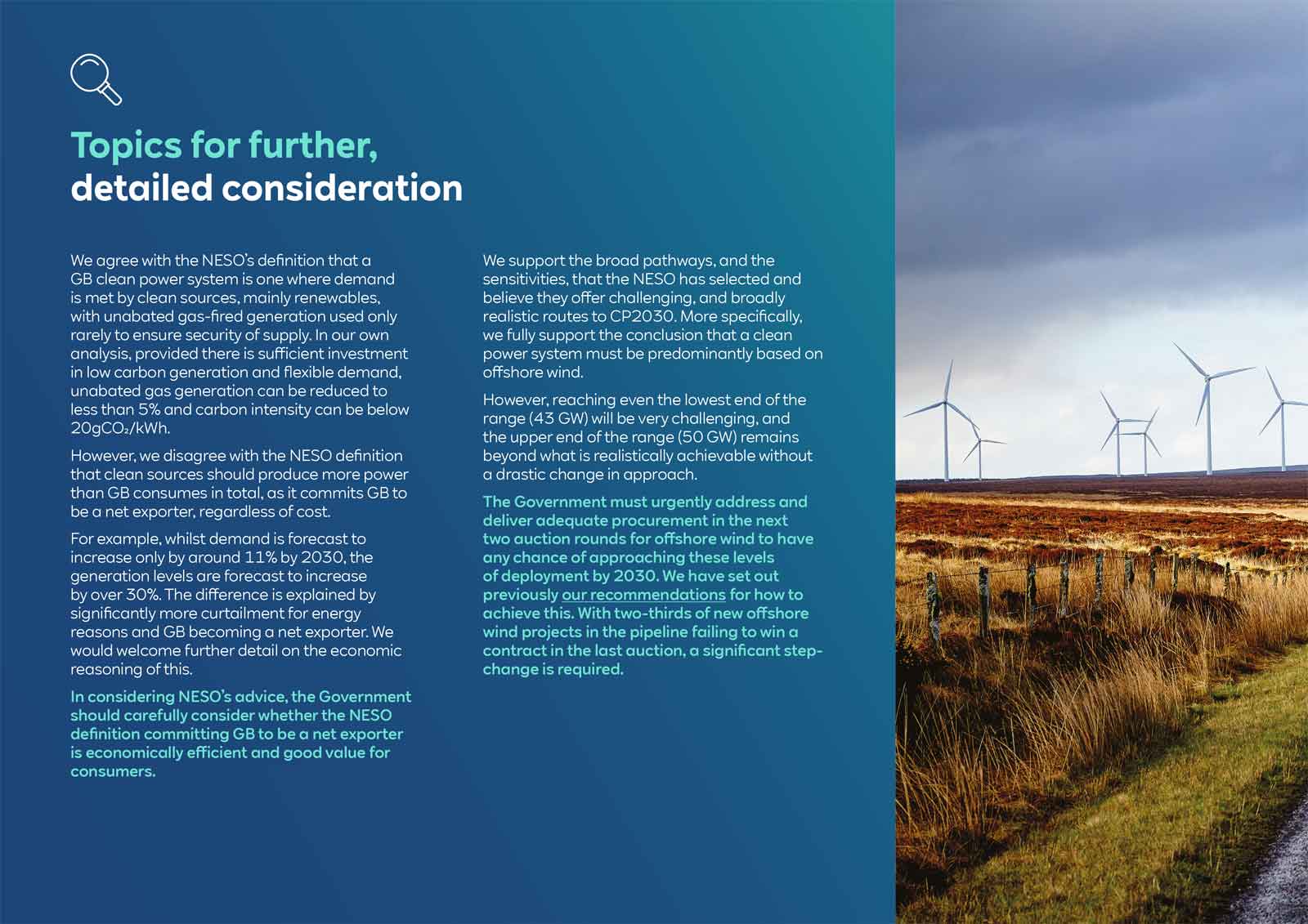 A landscape featuring wind turbines on a hillside with a cloudy sky, alongside text about clean power systems and energy procurement.