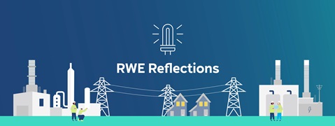 A digital illustration depicting industrial structures, power lines, and workers discussing plans, with 'RWE Reflections' prominently displayed.