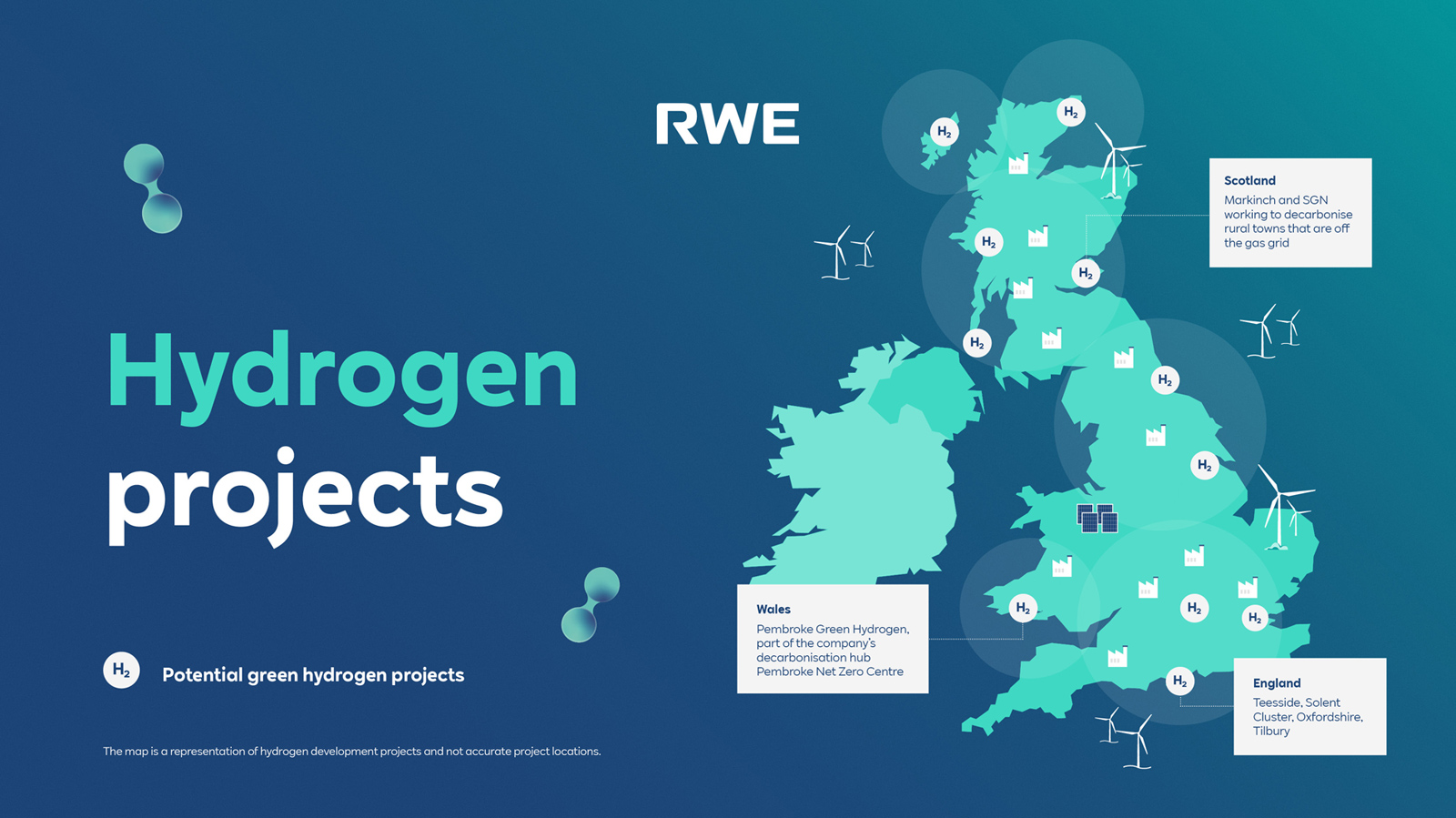 Map displaying potential green hydrogen projects across the UK, including locations in Scotland, Wales, and England.