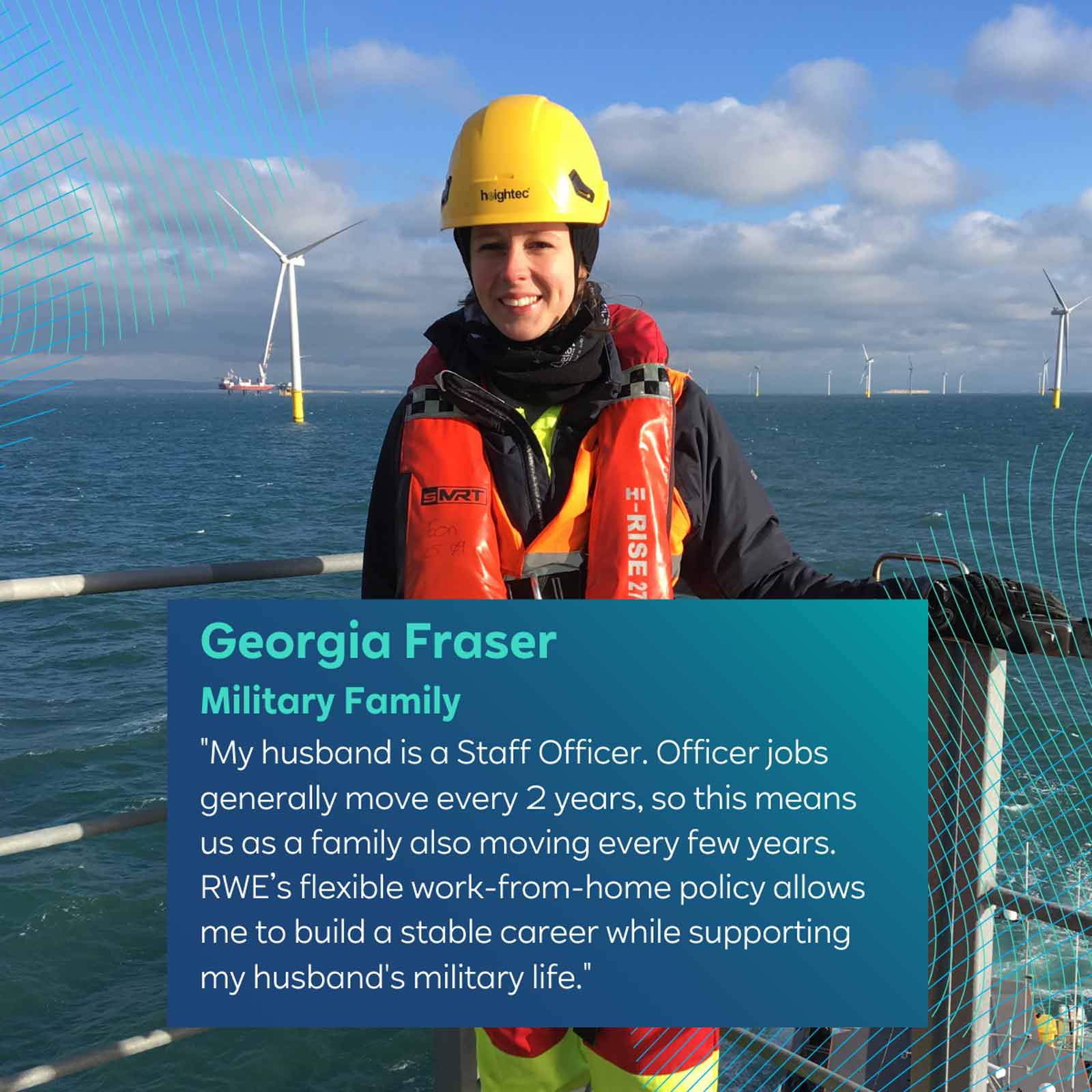 A person in safety gear stands on a platform with wind turbines in the background, discussing military family life and remote work.