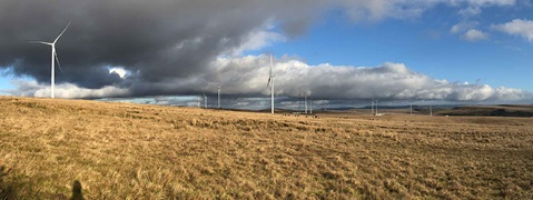 A panoramic view of wind turbines on a grassy hillside under a cloudy sky.