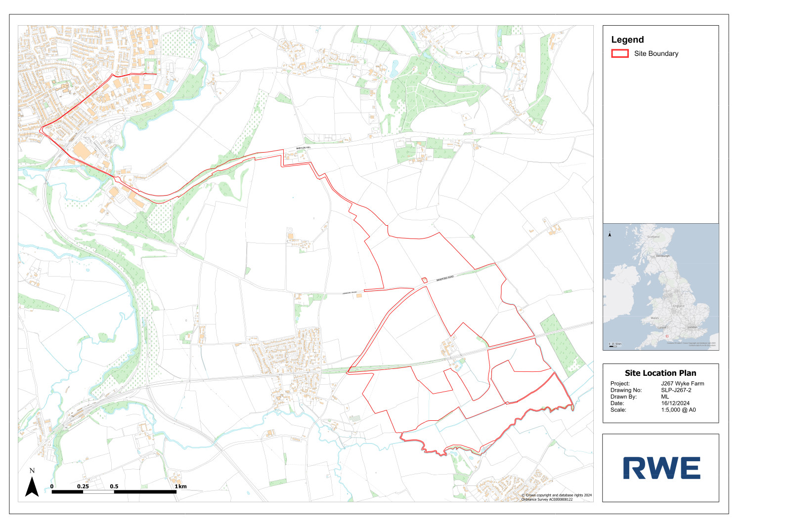 A detailed map showing the site boundary and landlord's property for J267 Wyke Farm, including geographical features.