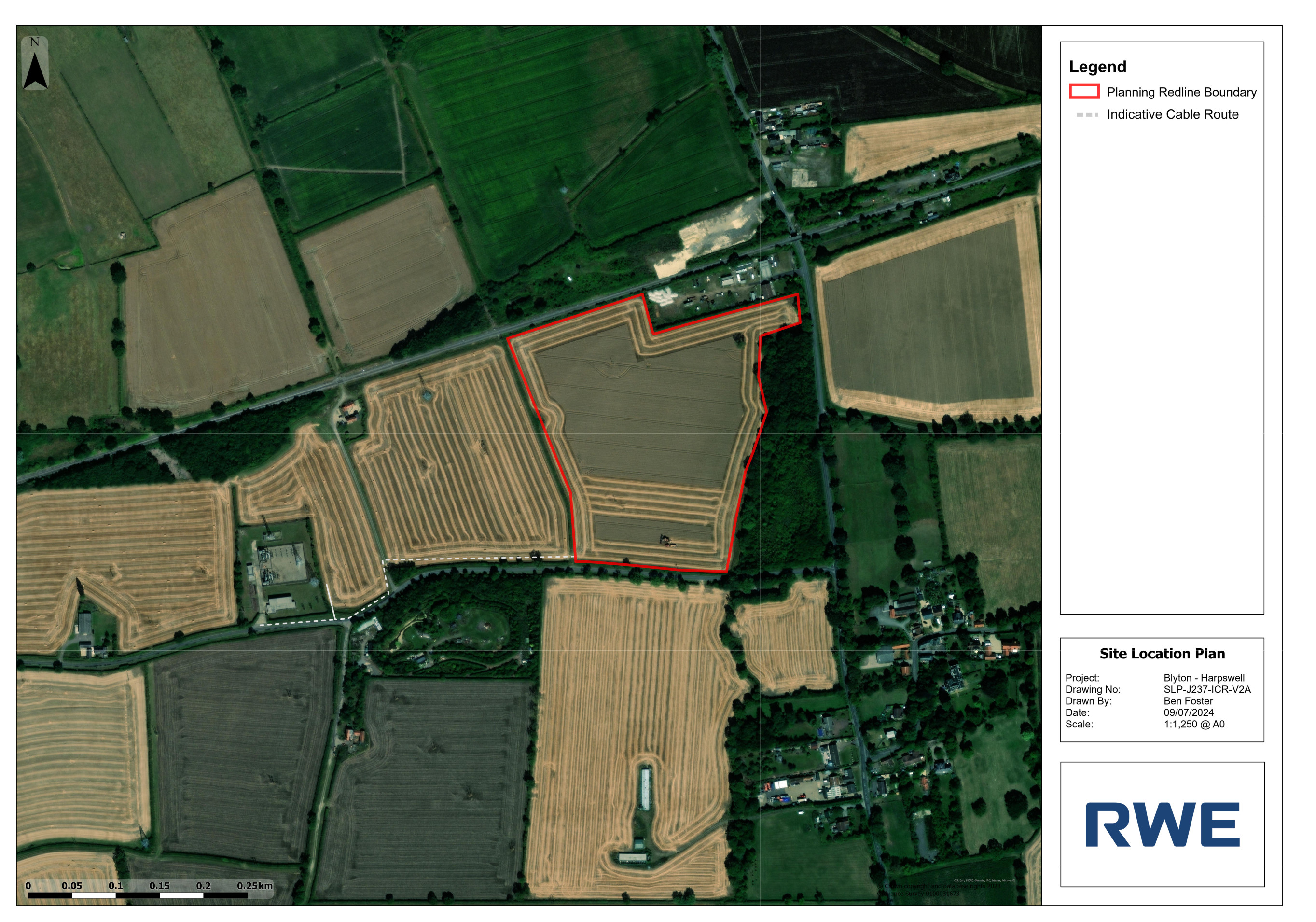 An aerial view of fields with a red planning boundary outline and cable route indicator, showing agricultural land usage.