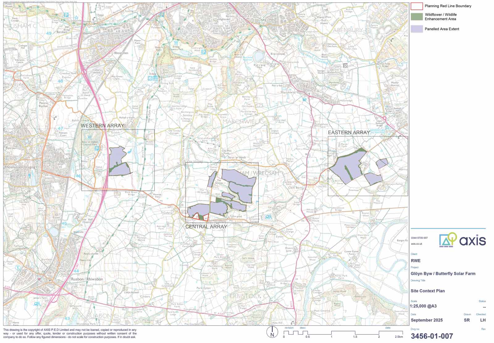 A map displaying three solar array sites: Western, Central, and Eastern. Each area is highlighted in purple.