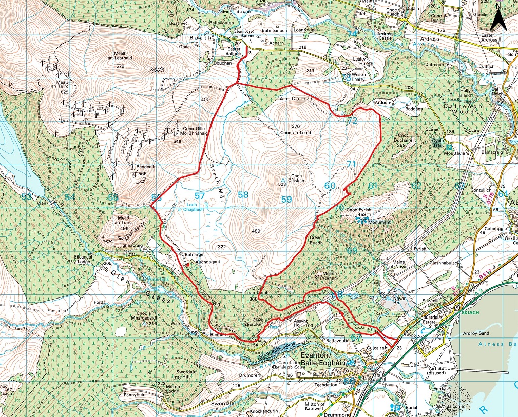 A detailed topographic map showing contour lines, landmarks, and hiking trails in a mountainous region.