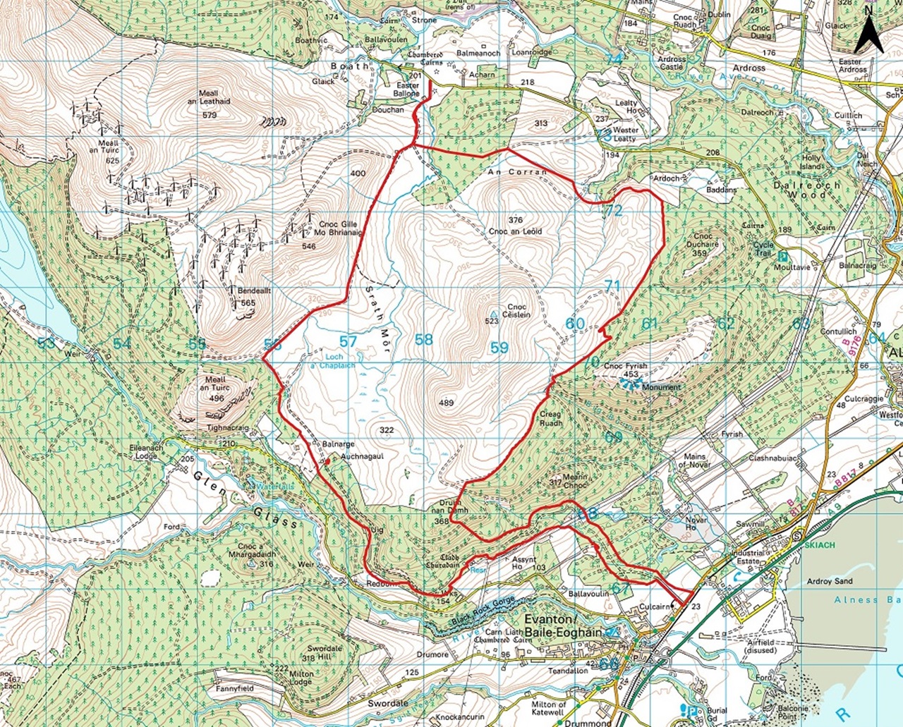 A detailed topographic map showing contour lines, landmarks, and hiking trails in a mountainous region.