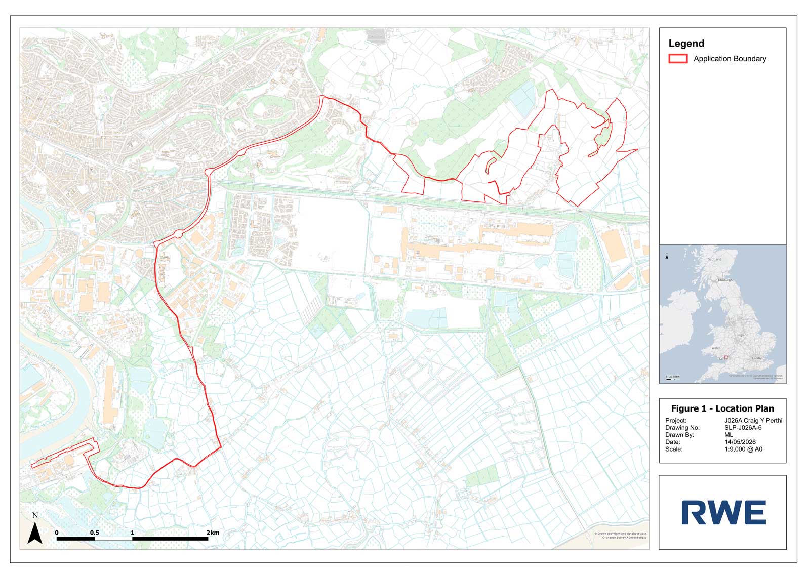 A color map shows a red boundary across fields and streets, with a right legend reading "Application Boundary", "Figure 1 - Location Plan" and "RWE".