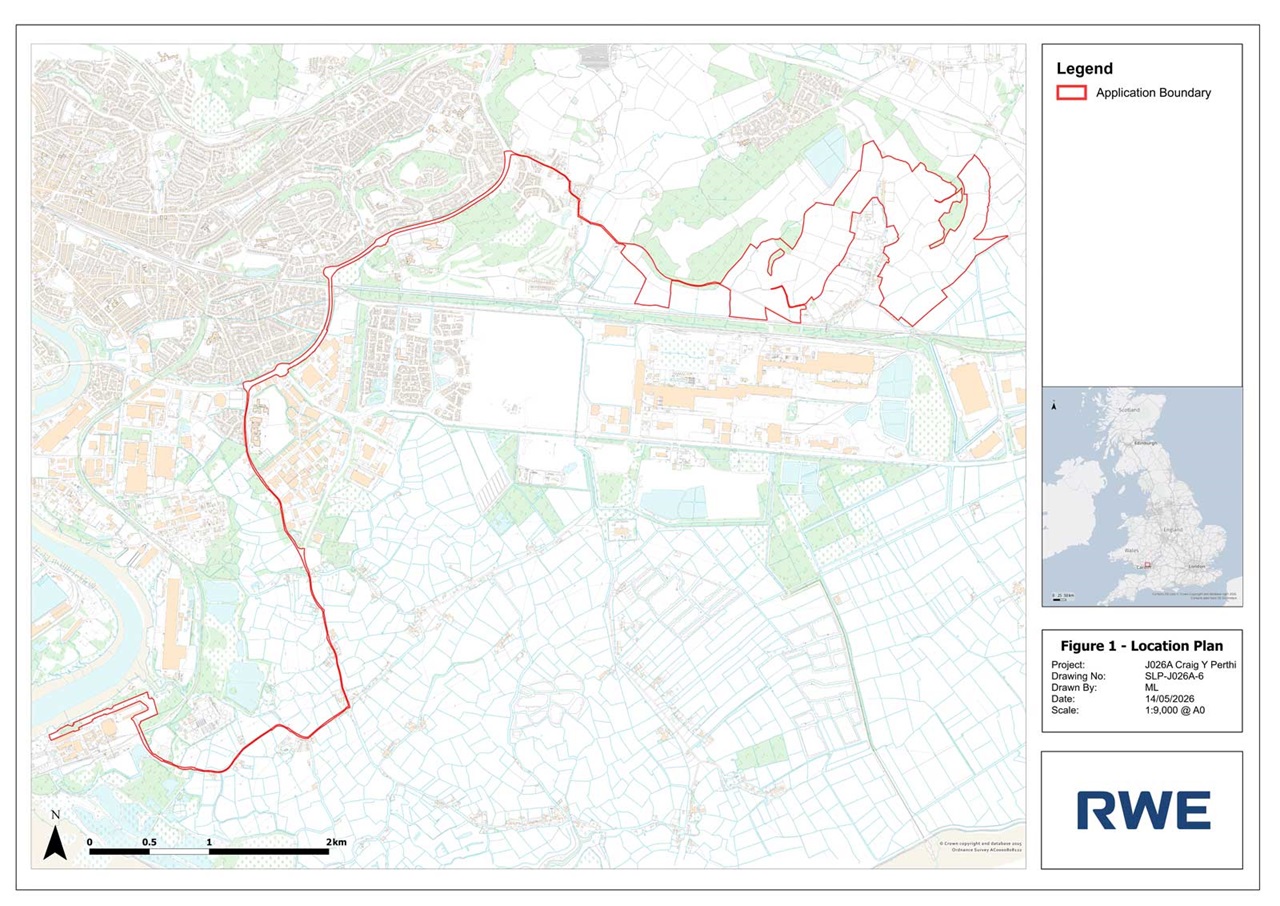 A color map shows a red boundary across fields and streets, with a right legend reading "Application Boundary", "Figure 1 - Location Plan" and "RWE".