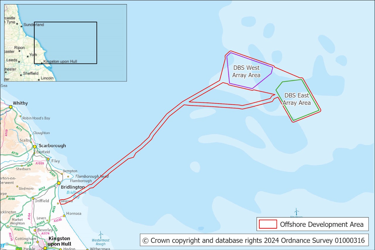 Map showing the offshore development area and designated array areas, including DBS West and DBS East, off the Yorkshire coast.