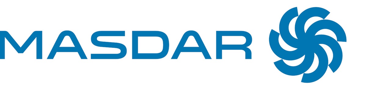 The logo of Masdar, featuring bold blue typography and a stylised spiral symbol representing energy and sustainability.