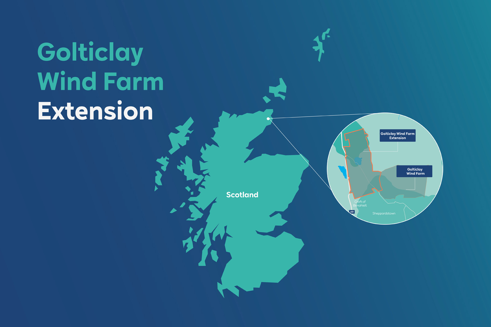 Map of Scotland highlighting the Goltlclay Wind Farm extension with location details in a circular inset.